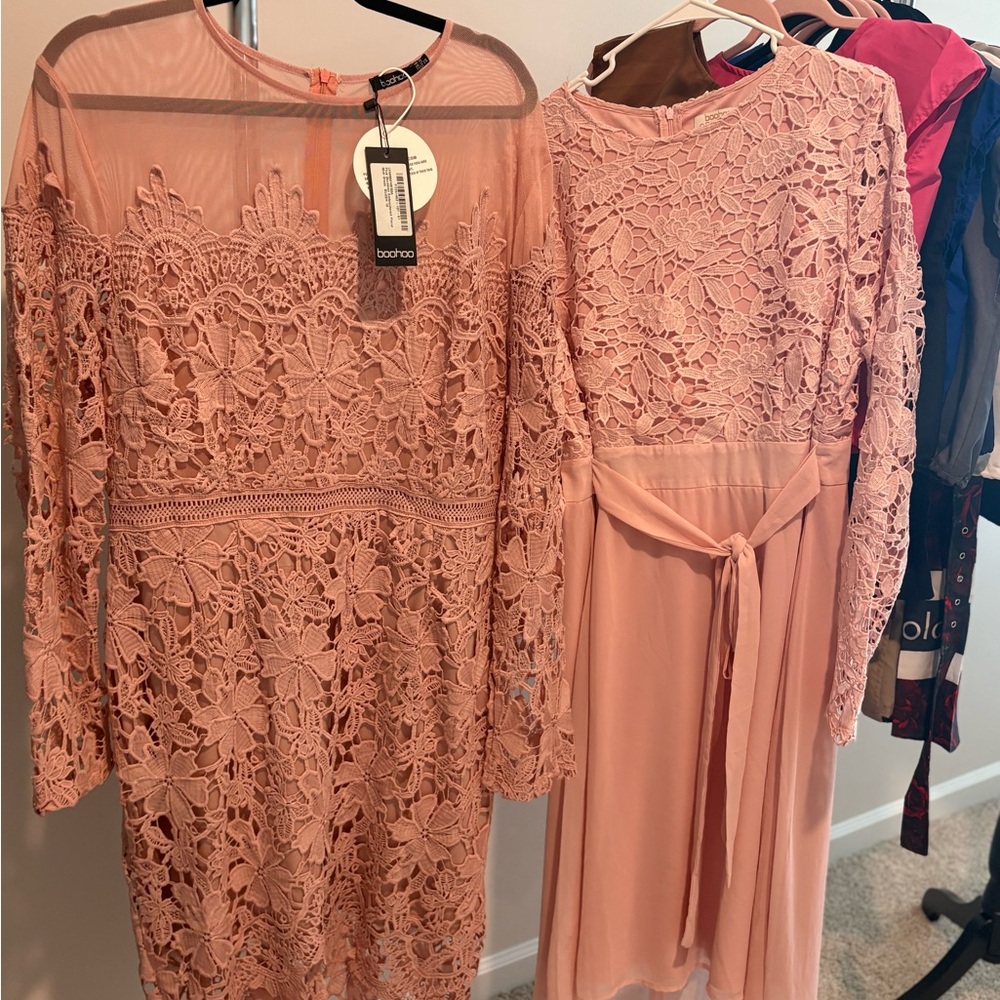 Boohoo Pink Lace Long Sleeve Dress